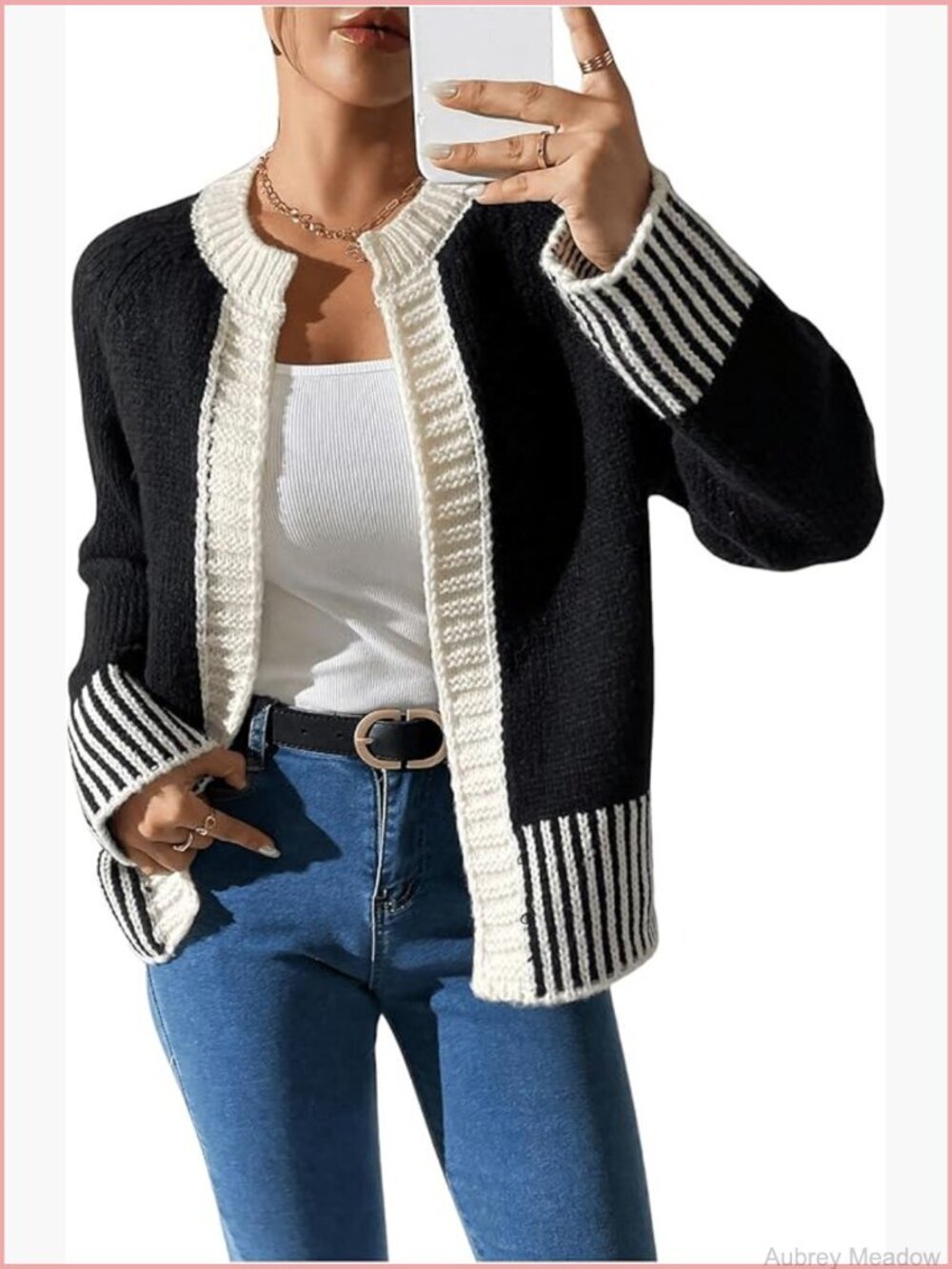 Striped Long Sleeve Cardigan Crew Neck Open Front Soft Cozy Sweater